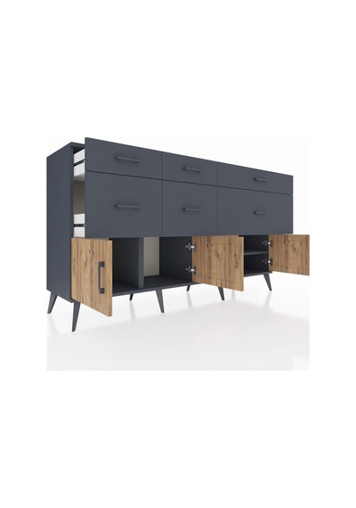 Kronos Konsol Tek Raflı 6 Çekmeceli 4 Kapaklı 176x59x99 Antrasit- Antrasit-çam/antrasit
