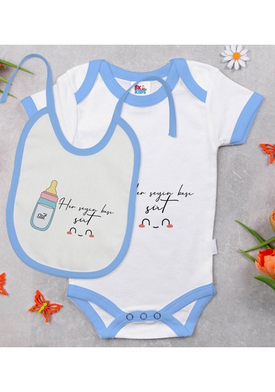 Bk Kids Her Şeyin Başı Süt Tasarımlı Mavi Bebek Body Zıbın Ve Mam Çok Renkli