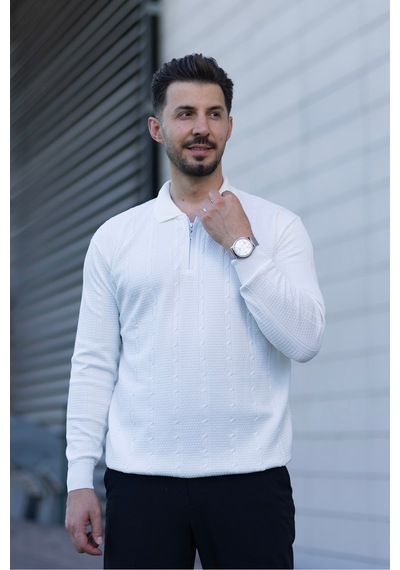 Hk Premium Triko Kazak Polo Yaka Fermuarlı Slim Fit Beyaz