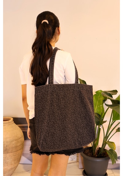 İcone Bag Desenli Yıkamalı Denim Kadın Çantası, Geniş Hacimli, Desenli El Ve Omuz Bez Çanta Shopper Antrasit Leopar
