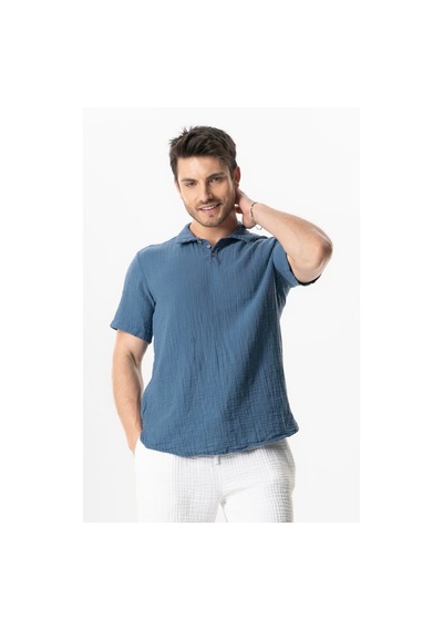 Kısa Kol Polo Yaka Müslin Yazlık Tshirt İndigo İndg Indigo