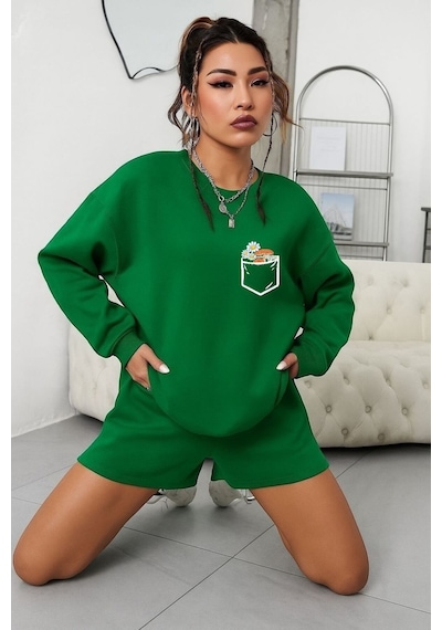 Benroma 3 İplik Penye Papatya Baskılı Unisex Sweatshırt Yeşil
