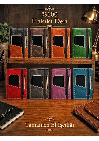 Bilikolik Hakiki Deri A5 Defter Kılıfı, El Yapımı, Telefon Cepli Ajanda Organizer, Defter Ve Kalem Dahil Mor