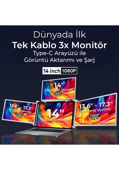 NPO NPM680 14" FHD 1080p IPS Type-C Taşınabilir Dizüstü 3lü Monitör Çoklayıcı Notebook Monitör