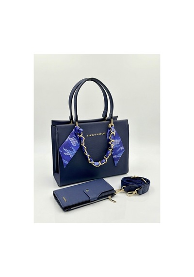 Just Polo Kadın Gold Zincirli Şal Detaylı Şık El & Omuz Çantası Ve Cüzdanı Kombin Shopper Ebat: 20 X 25 Cm Lacivert 15498367