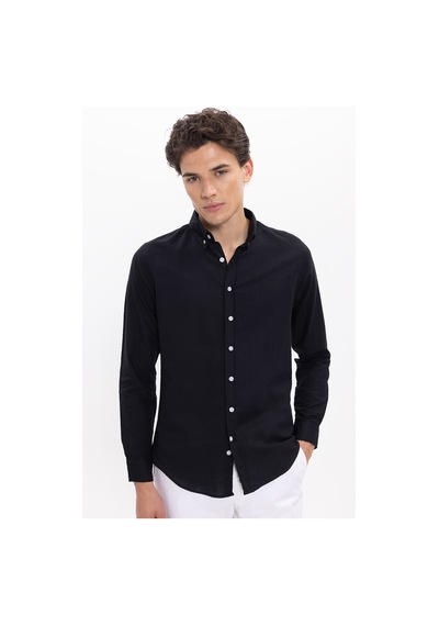 Tudors Erkek Slim Fit Dar Kesim %100 Pamuk Keten Doku Düğmeli Yaka Siyah Gömlek-26926