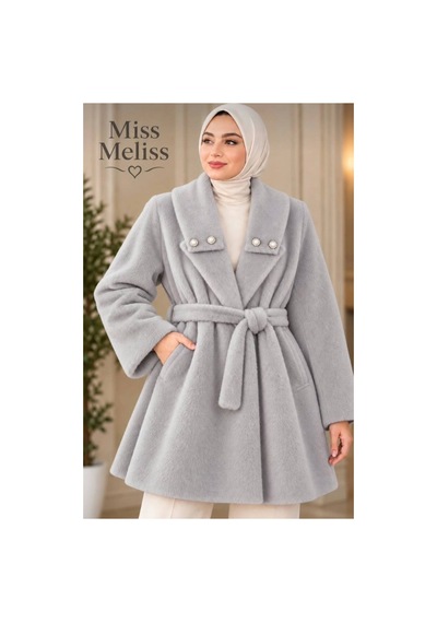 Miss Meliss İnci Detaylı Şık Fox Kumaş Kaban Gri Gri