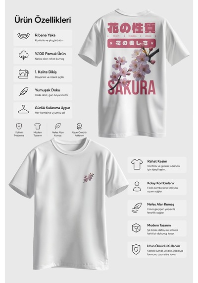 Spoyi Sakura Bloom Tasarımlı %100 Pamuk Yarım Oversize Beyaz T-shirt