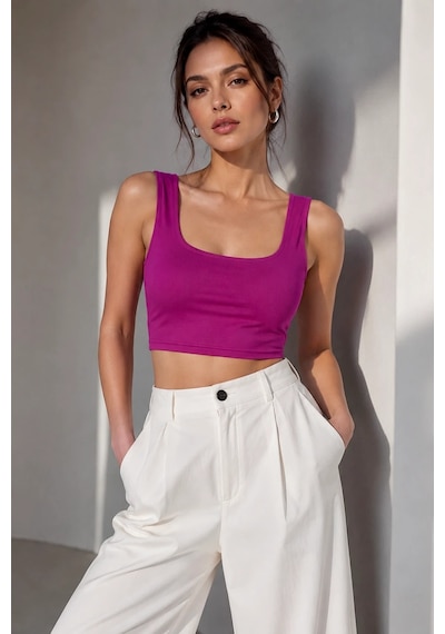 Bb Butik Basic Soft Touch Kare Yaka Crop Bluz Md3549 Fuşya