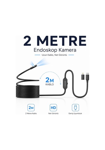 2 Metre 2 Kameralı Endoskop Yılan Kamera İos Android Type-c Uyumlu