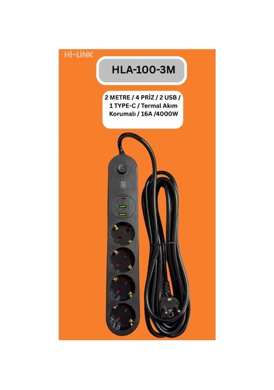Hi-link Hla-100-3 3 Metre 4 Priz 2 Usb 1 Type-c Termal Akım Korumalı 16a 4000w 0.35 M