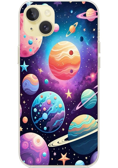 Apple Uyumlu iPhone 15 Plus  Uzay, Gezegen Ve Yıldız Desenli Baskılı Silikon Kılıf Renkli