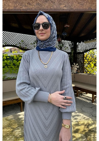 Rabia Şamlı Yağmur Triko Elbise Gri Normal