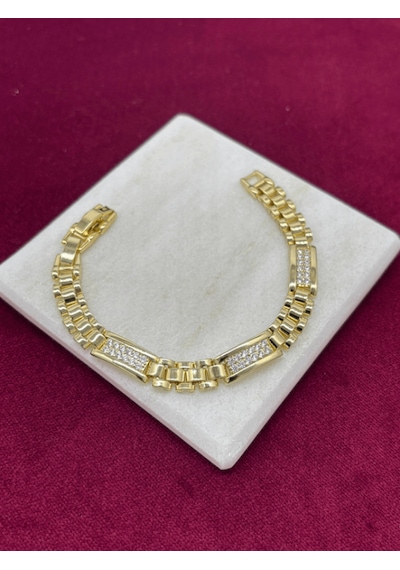 14 K Renginde Minik Taşlarla Kaplı 3 Dikdörtgen Şekilli Gold Bileklik Gold
