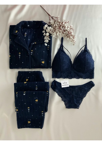 Mh Moony Homewears 4'lü Merso Lacivert Termal Pijama İç Giyim Seti Lacivert