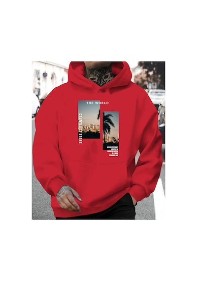 Herkesemoda The World Baskı Detaylı Kapüşonlu Sweatshırt Kırmızı Kırmızı