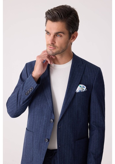 Erkek Mavi Slim Fit Çizgili Torba Cep Jogger Pantolonlu Sivri Yak
