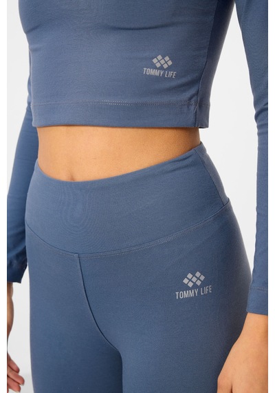 Tommylife Petrol Yüksek Bel Uzun Kollu Slim Fit Crop Top Kadın Tayt Takım - 95286