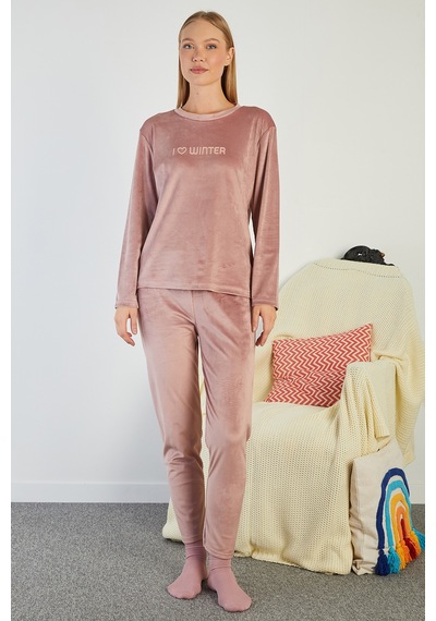 Fullamoda I Love Winter Kabartma Baskılı Kadife Pijama Takımı Gül