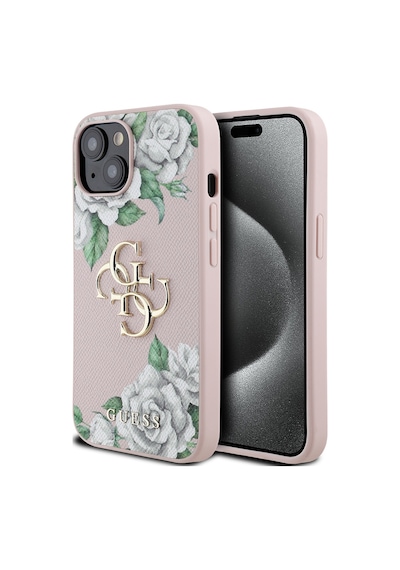 Apple Uyumlu iPhone 15 Kılıf Guess Lisanslı Gül Baskılı Büyük Metal Logo Dizaynlı Kapak Pembe