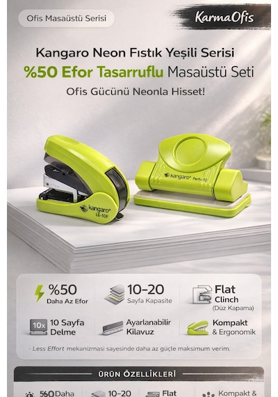 Neon Fıstık Yeşili Zımba + Delgeç Seti %50 Daha Az Efor, Flat Clinch Masaüstü Ofis Seti Yeşil