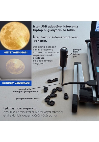 Upway 10 U 1 Arada Gezegen Ve Ay Projektörü - Eğitici Hd Gece Lambası 10 Parça Siyah