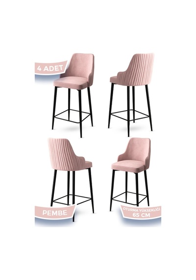 Canisa Tera Serisi 4 Pembe Sandalye 65 Cm Ada Mutfak Bar Sandalyesi Babyface Kumaş Siyah Metal Ayaklı Sandalye Pembe Ayaklar Siyah