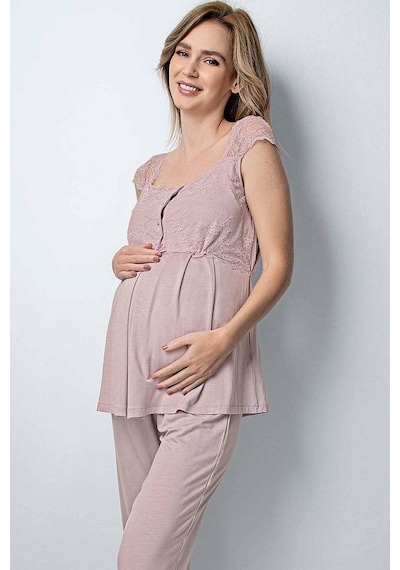 Monamise 18441 Hamile Lohusa Sabahlıklı Pijama Takım - Vizon