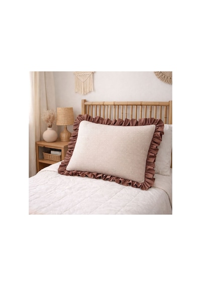 Fırfırlı Yastık Kılıfı Pötikare Desen Düz Renk Kenar Detaylı Tek Kişilik 50x70 Cm Kahverengi