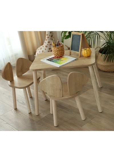 Montessori Çocuk Masası 1 Masa & 2 Mickey Sandalye Kahverengi