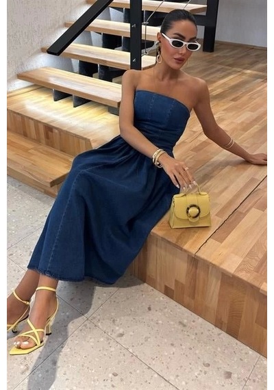 Defymoda Beli Pileli Straplez Denim Elbise 2886 Denim