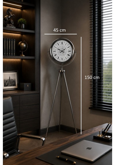 Krom Motifli 150 X 45 Cm Metal Tripod Ayaklı Saat