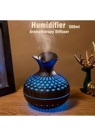 300 Ml Ahşap Vazo Renkli Işık Serin Mist Hava Nemlendirici