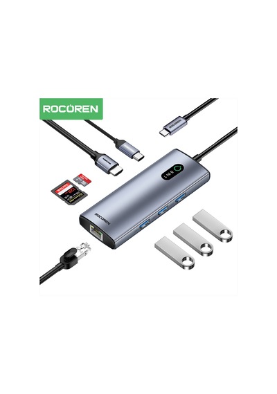 Rocoren 8 Portlu 4k 30hz Gigabit Ethernet Sd Tf Kart Okuyuculu 3 Usb3.0 Pd 100w Destekli Hub Çoklayıcı