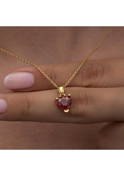 925 Ayar Gümüş Gold Kırmızı Taşlı Kalpli Kadın Kolye