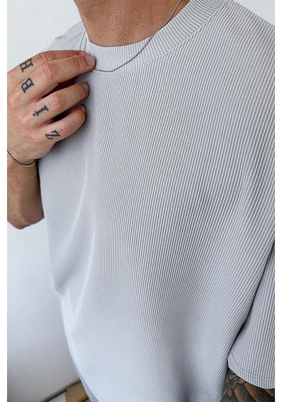 Gri İnce Fitilli Oversize Tişört Gri