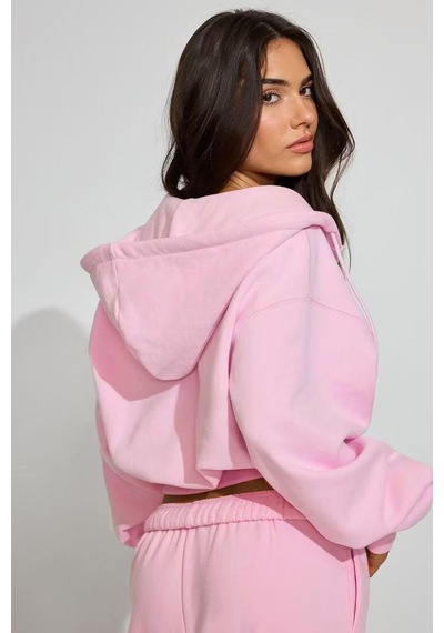 Seeh Pembe Crop Kapşonlu Fermuarlı Kadın Sweatshirt Sh299 Standart