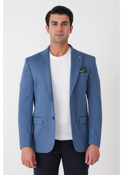 Slim Fit Sivri Yaka Çift Yırtmaçlı Esnek Yünlü İndigo Ceket C 746 Indıgo
