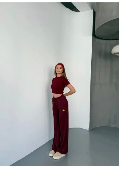 Martcini Osy Modal Yumuşak Dokulu Kumaş Nakış Işlemeli Rahat Bol Paça Eşofman Pantalon - Bordo Bordo