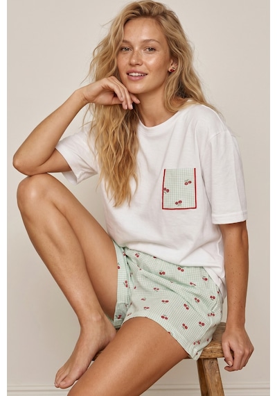 Siyah İnci Ekose Kareli Üst Cep Nakışlı İnce Soft Örme Şort Pijama Takımı 8042 Yeşil Ekru Ekose