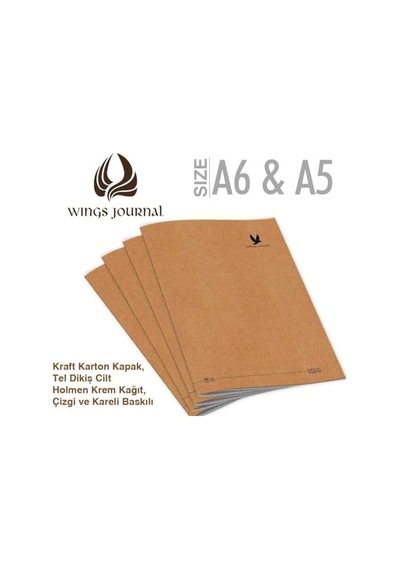 Wings Journal 4'lü Kareli Tel Dikişli Defter Seti Kraft Kapak, Hafif Holme Kağıt, A5 Toplam 384 Sayfa Genel