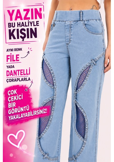 Zanessi Fashıon Denim Taş İşlemeli Lastikli Dekolteli Geniş Paça Kadın Pantolon Mavi