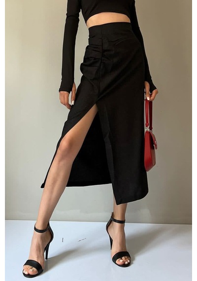 Madmext Siyah Basic Midi Boy Büzgülü Keten Etek Mg1540