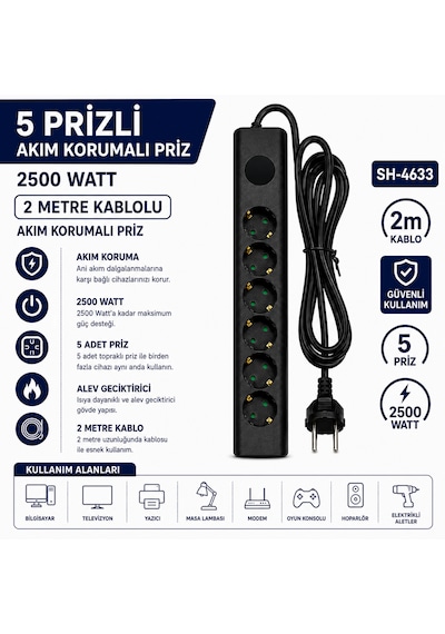 Sh-4633 5 Li Akım Korumalı Priz 2500w 2 Metre Kablolu Anahtarlı Topraklı Çoklu Grup Priz Uzatma Kablosu 2 M