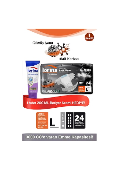 Lorina Aktif Karbon & Gümüş İyon Destekli Bel Bantlı Hasta Bezi Large 24 Lü Bariyer Kremi Hediyeli L