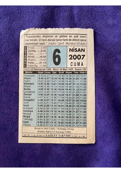 6 Nisan 2007 Takvim Yaprağı - Nostalji Koleksiyonluk Takvim Yaprağı