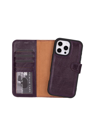Bloomcase Apple Uyumlu iPhone 16 Pro Max Burgundy Hakiki Deri Cüzdanlı Telefon Kılıfı Mor