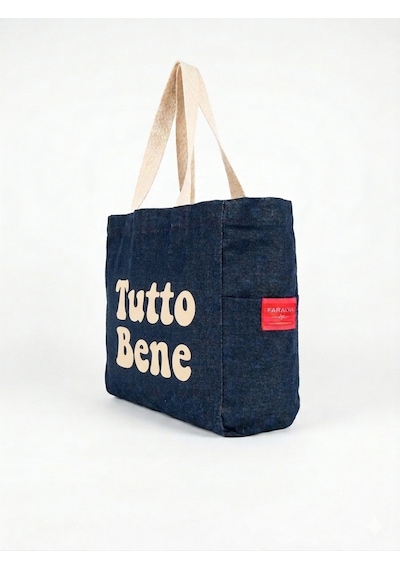 Faralya Life Mavi Kot Denim Çanta Baskılı Pamuk Bez Çanta 52x42 Cm 60 Cm Sap Uzunluğu Açık Krem