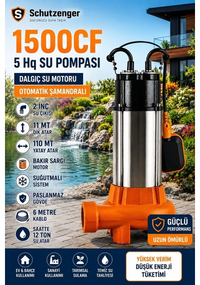 1500cf Otomatik Çalışma Dalgıç Su Pompası Paslanmaz Gövde 2 Inç Drenaj Pompa 11mt Dik Atar