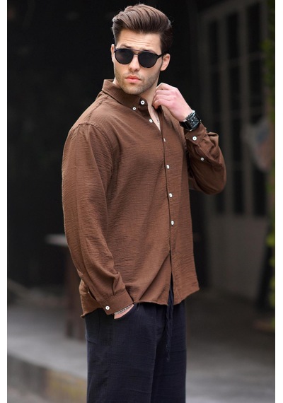 Madmext Kahverengi Uzun Kollu Oversize Erkek Gömlek 6735 Kahverengi